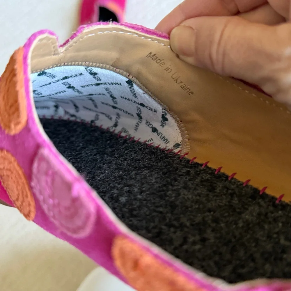 Haflinger Pink Suede Felt Dots Canvas Slip On Loafers Slippers Size 40 9/9.5 US